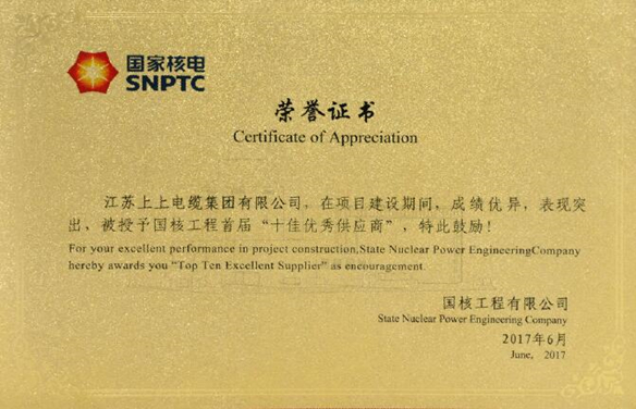 大宝娱乐电缆荣获国核工程首届“十佳优异供应商”称呼