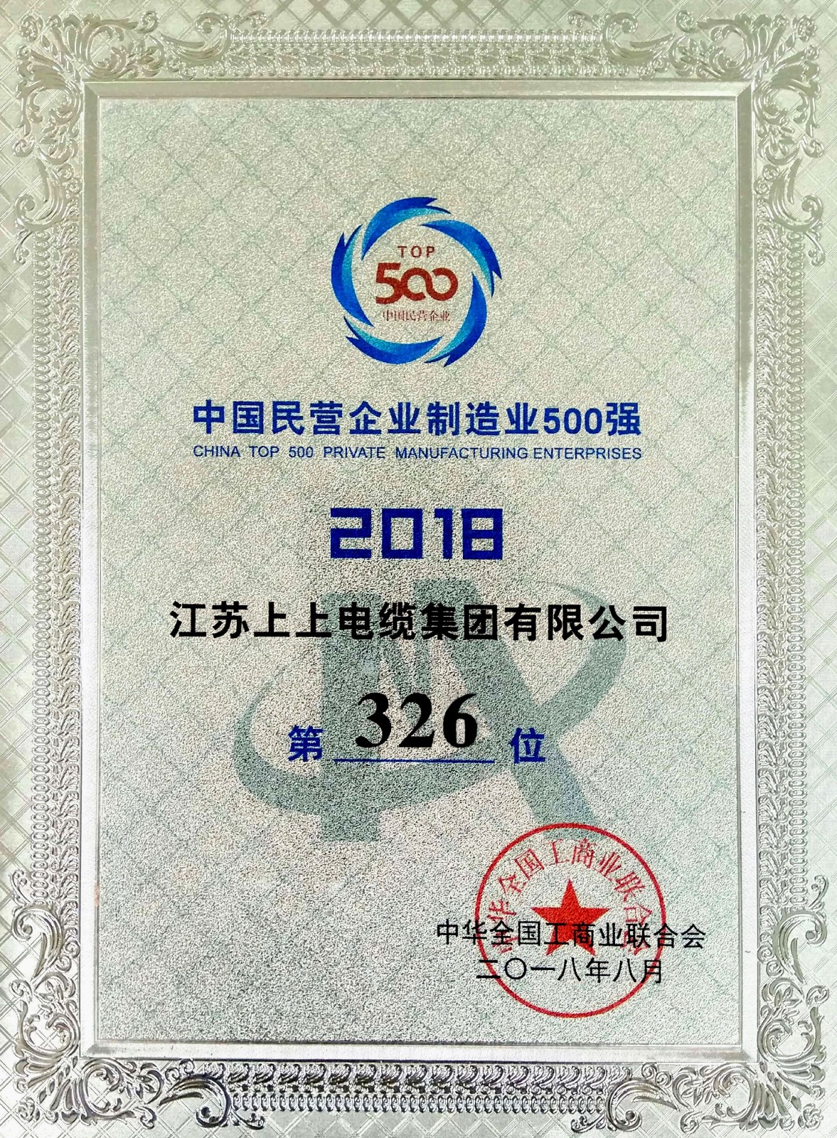 大宝娱乐电缆一连八年入围中国民营企业制造业500强